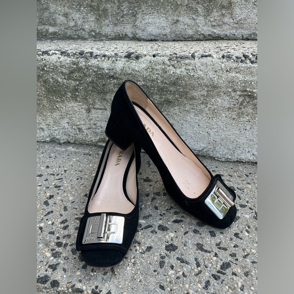 Prada Pumps Shoes Sz 37 Suede Silver Buckle Chunky Heel - Picture 4 of 7